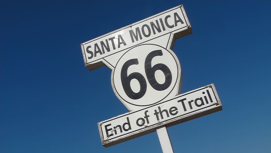 santa monica, route 66, shield, end of the trail, sign, number, communication, guidance, text, blue
