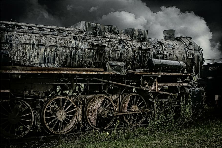 gray, train, selective, photography, loco, steam locomotive, railway, out of date, train wreck, steam powered