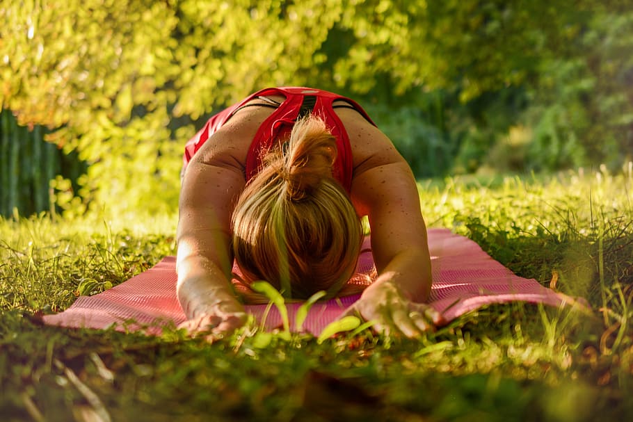 woman, yoga, outdoor, calm, release, stretching, golden hour, nature, recreation, trees