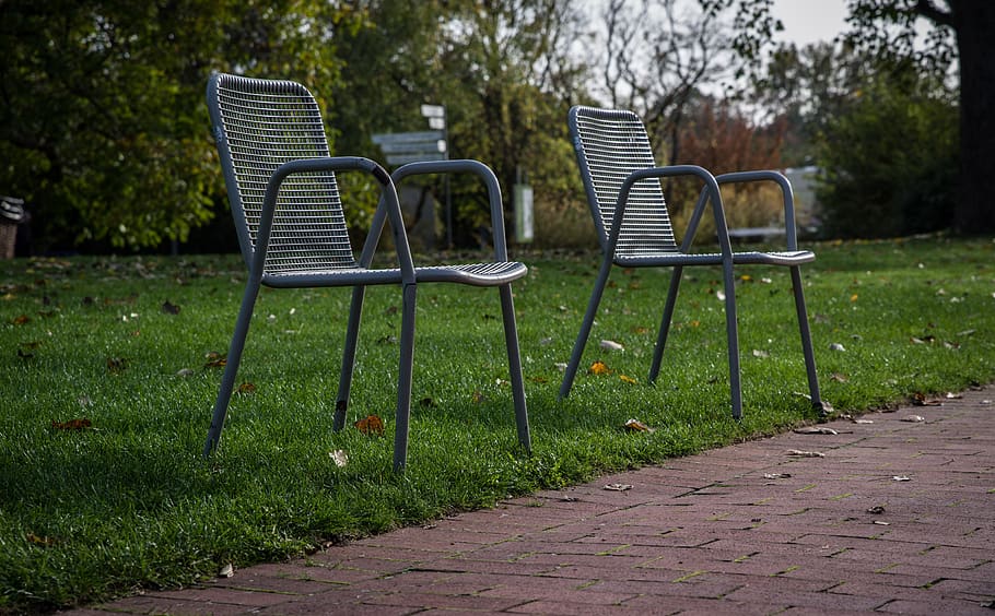 chairs, metal chairs, seat, chair, garden furniture, garden chairs, empty, plant, grass, green color