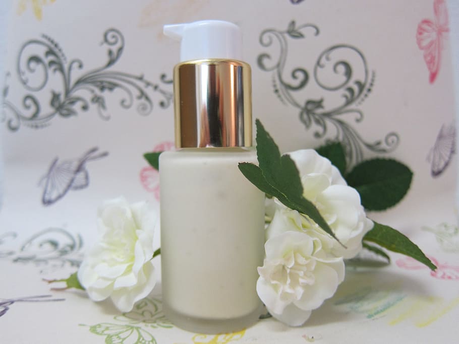 white, pump, bottle, surrounded, three, petaled flowers, skin care, cosmetics, natural, skin care beauty