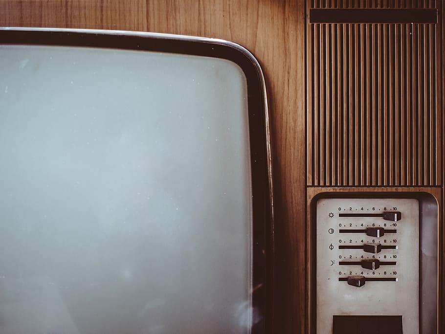 antigo, vintage, tv, tela, madeira, botões, configurações, texto, comunicação, interior