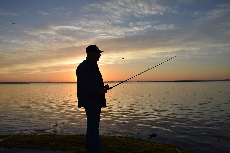 Pescador, Retrato, Silhueta, Pesca, nascer do sol, Lago Toho, Kissimmee, Flórida, Vara de pesca, água doce Pesca