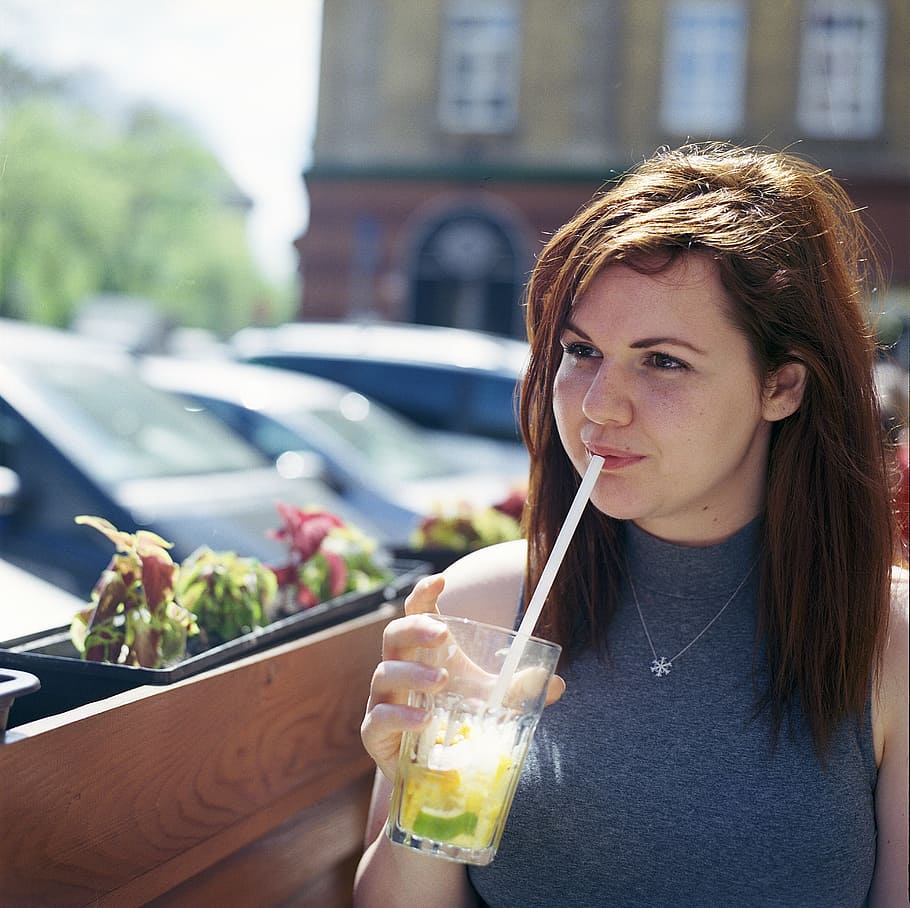 young girl, drinking, sipping, straw, young, girl, lemonade, terace, attractive, lifestyle