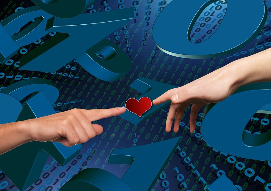 dois, pessoa, mãos, tocar, ilustração do coração, Matrix, Coração, Amor, Comunicação, software