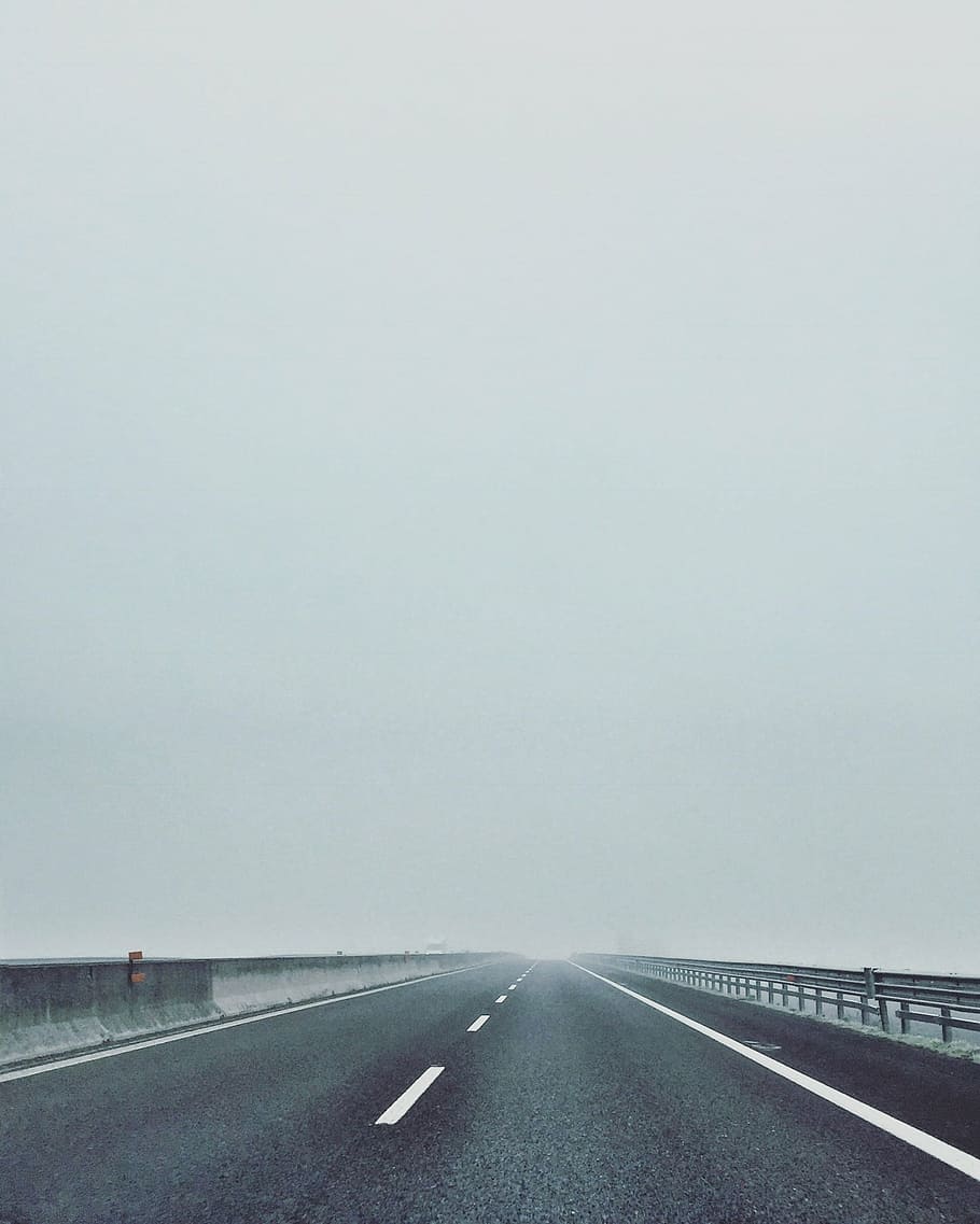 concrete, road, daytime, foggy, empty, street, sky, cloud, bridge, lane