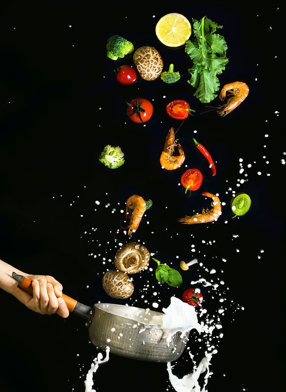 shrimp, mushrooms, gourmet, indoors, human hand, black background, food and drink, studio shot, motion, food