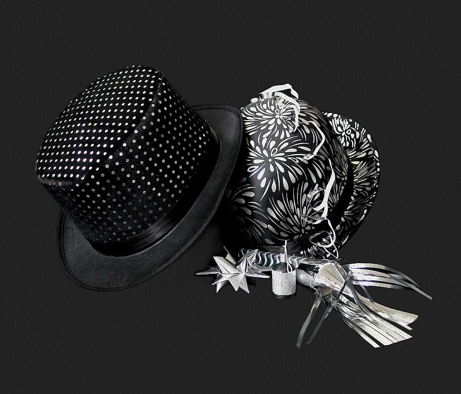new year, hats, new year's hats, streamers, star, black, silver, happy new year, clothing, garnish