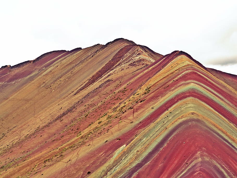 red, green, yellow, mountain, sky, peru, cusco, rainbow mountains, south america, nature
