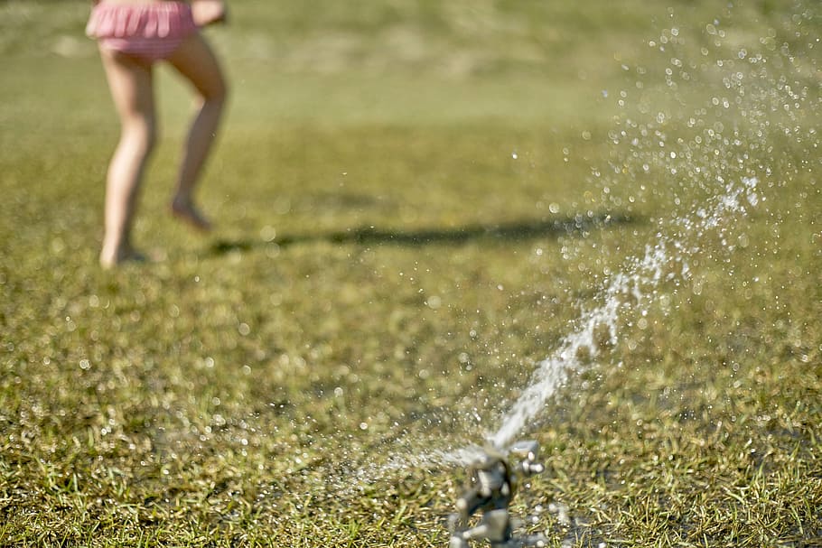 menina, jogando, campo de grama, com gás, água, cinza, aspersor, verde, grama, campo