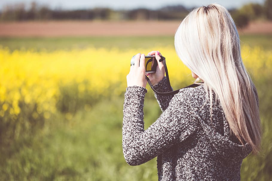 taking, Girl, Photo, Nature, blonde, camera, fields, people, photographer, room for text