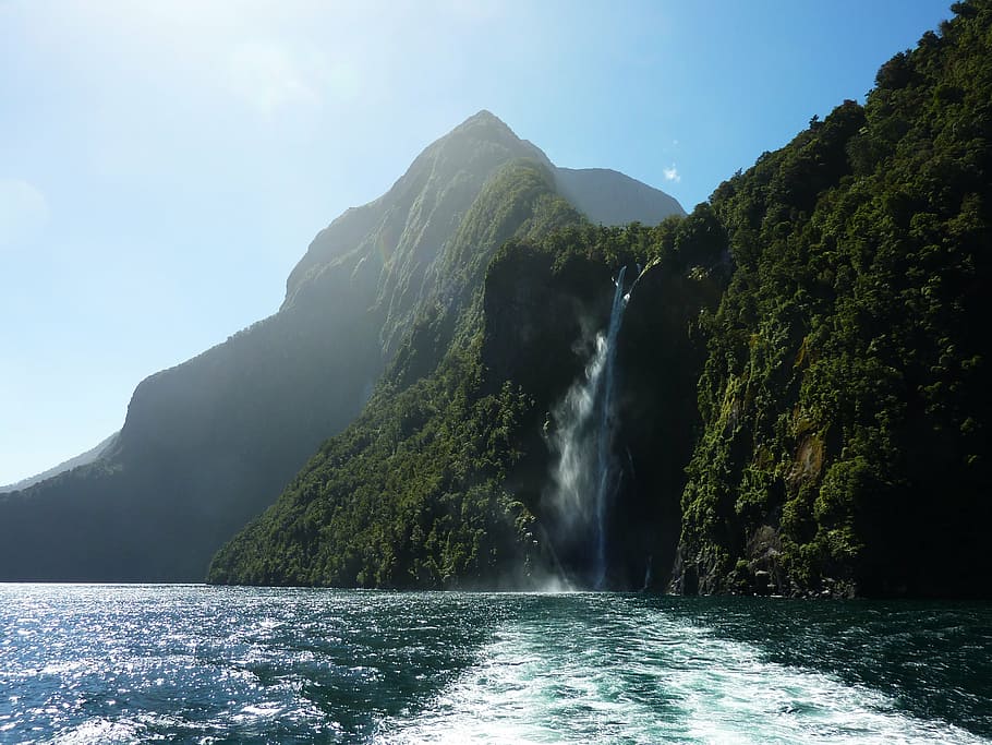 fotografia de paisagem, montanha, cercado, corpo, água, nova zelândia, ilha sul, mar, banco, luz de fundo
