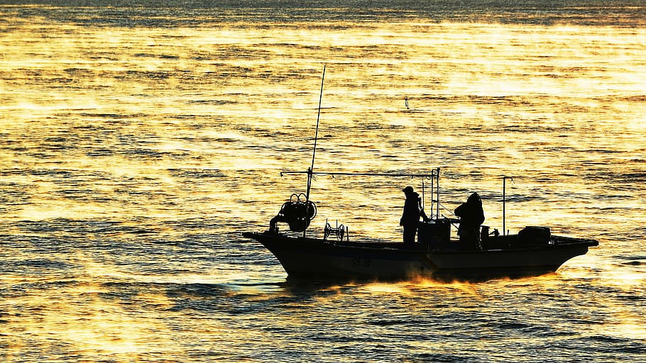 sea, fisherman, gangneung, sacheon beach, sun mu, water, nautical vessel, transportation, sunset, mode of transportation