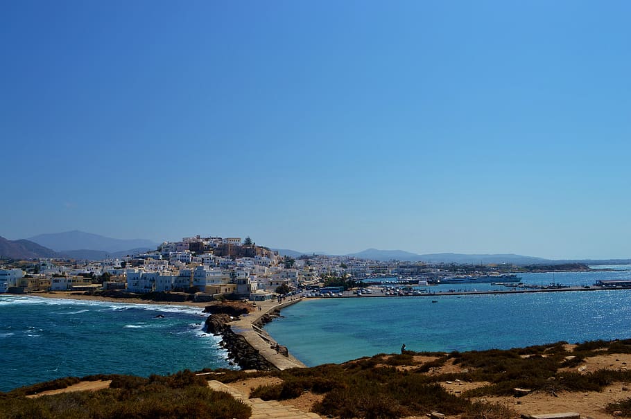 Paisaje urbano, cuerpo, agua, durante el día, ciudad de Naxos, Grecia, Naxos, Cícladas, ciudad, turismo