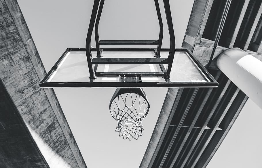 low-angle photo, basketball hoop, architecture, sky, basketball, ring, sport, adventure, outdoor, low angle view
