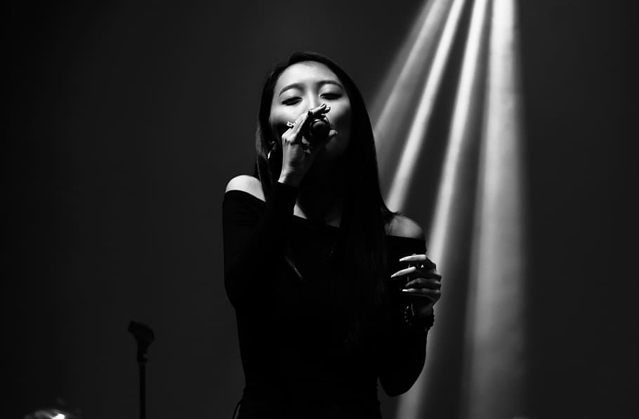 singer, black and white, concert, music, sing, one person, holding, young adult, indoors, standing