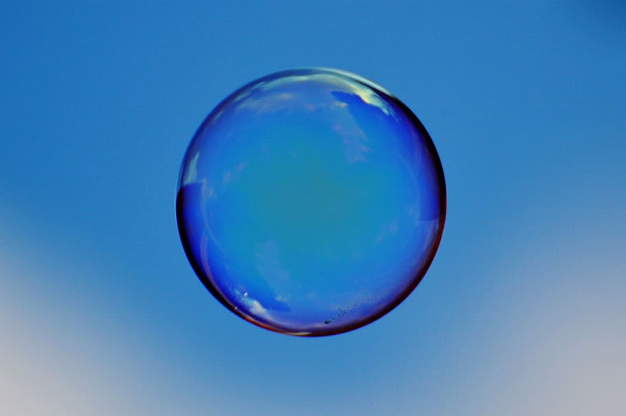 fotografia, azul, bolha, bolha de sabão, colorido, bola, água com sabão, fazer bolhas de sabão, flutuar, espelhamento
