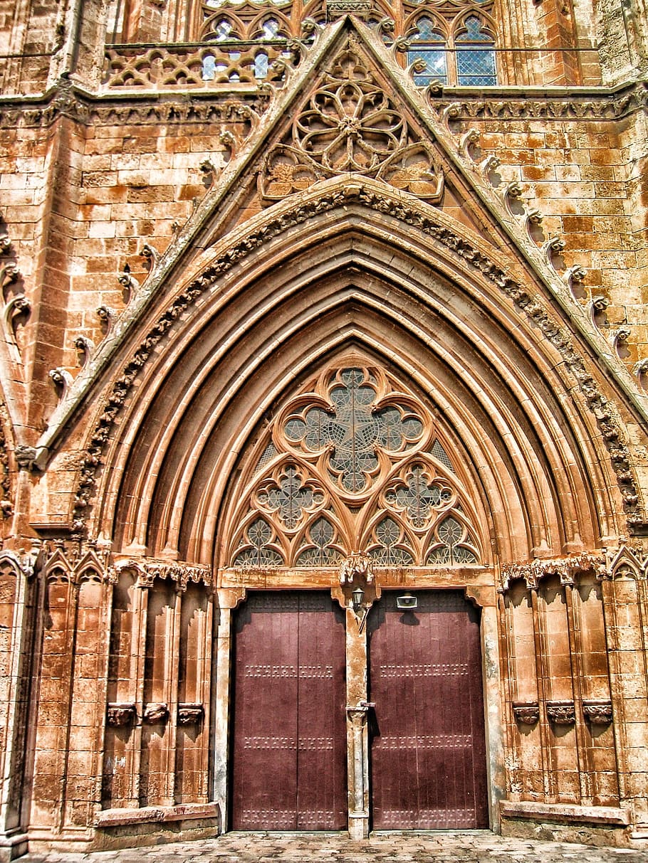 closed, brown, doors, building, famagusta, cyprus, church, door, entrance, doorway