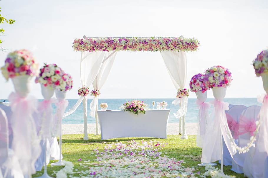 blanco, rosado, amarillo, floral, arco de la boda, durante el día, arco, playa, boda, arco de flores