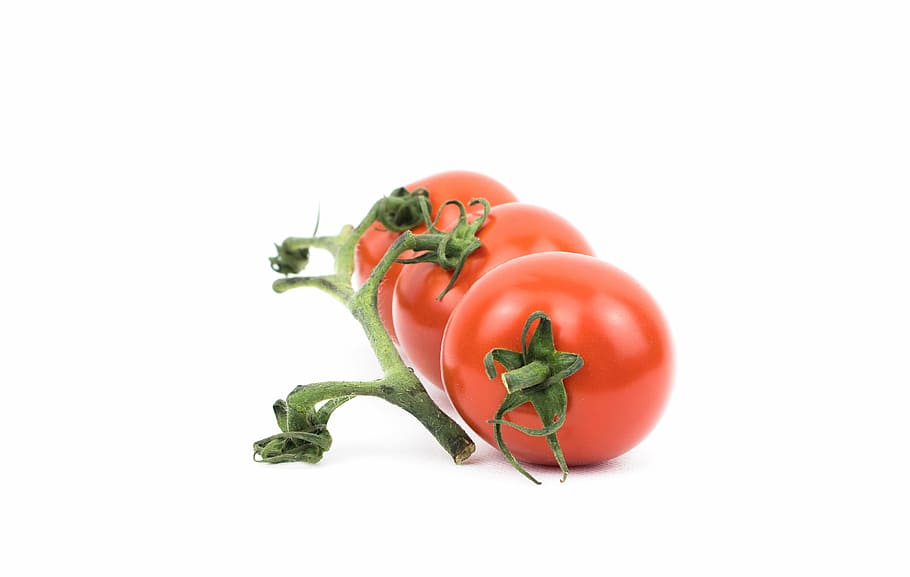 three red tomatoes, tomato, plant, crops, fruit, red, fresh, leaves, green, vegetable