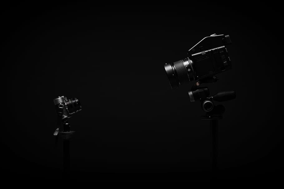 two, black, studio cameras, cameras, dark, electronics, lens, electricity, light bulb, black background