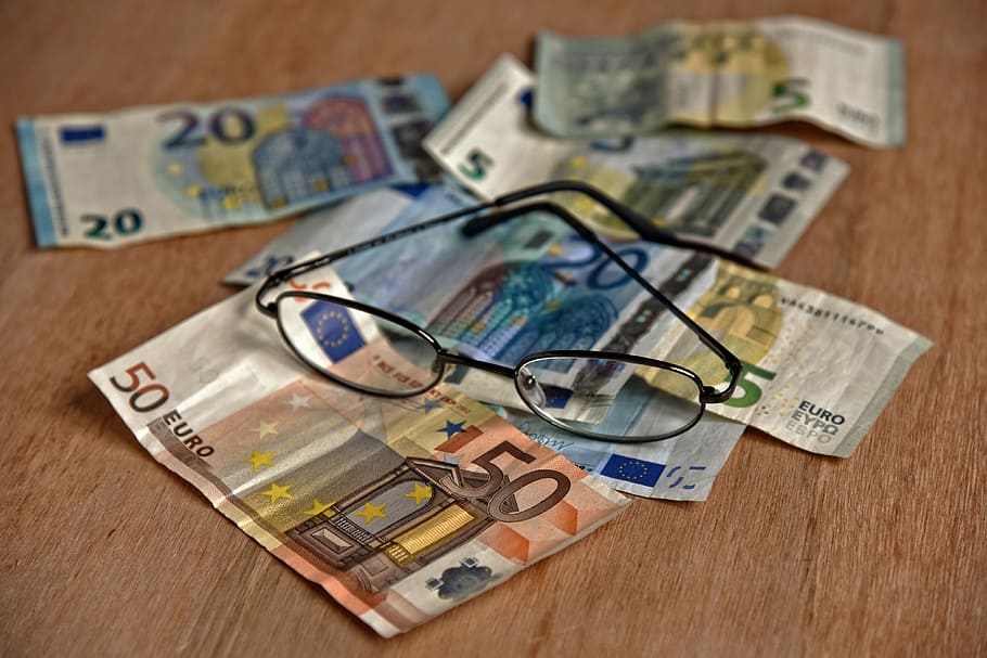 assorted, euro banknotes, black, frame eyeglasses, brown, wooden, surface, money, bank notes, euro notes