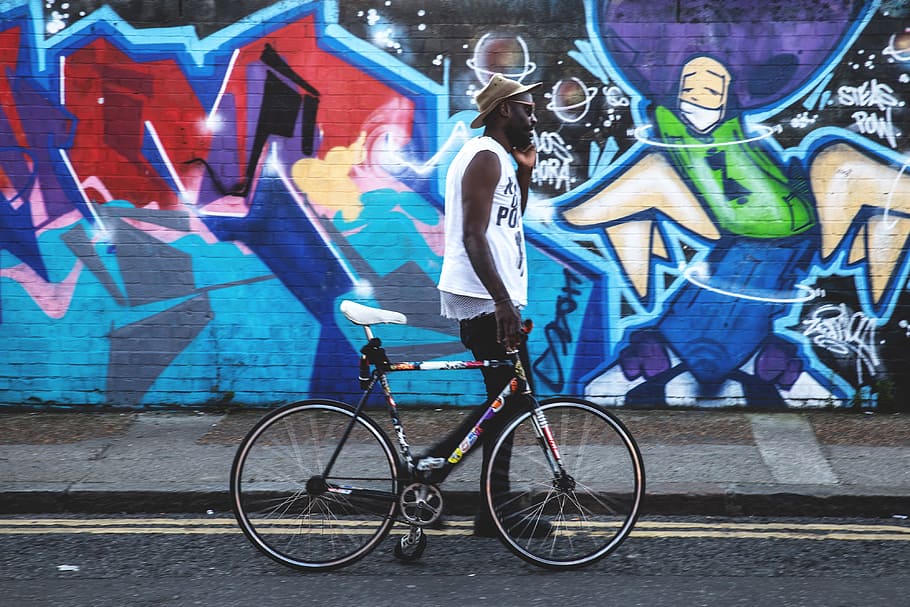 man, bicycle, walks, past, vibrant, east, london., captured, canon 6, 6d