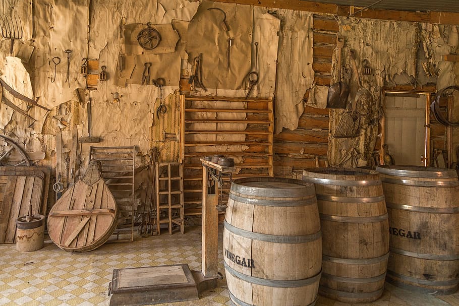 brown wooden barrels, vintage, abandoned, store, barrel, cylinder, wine cask, wood - material, indoors, container