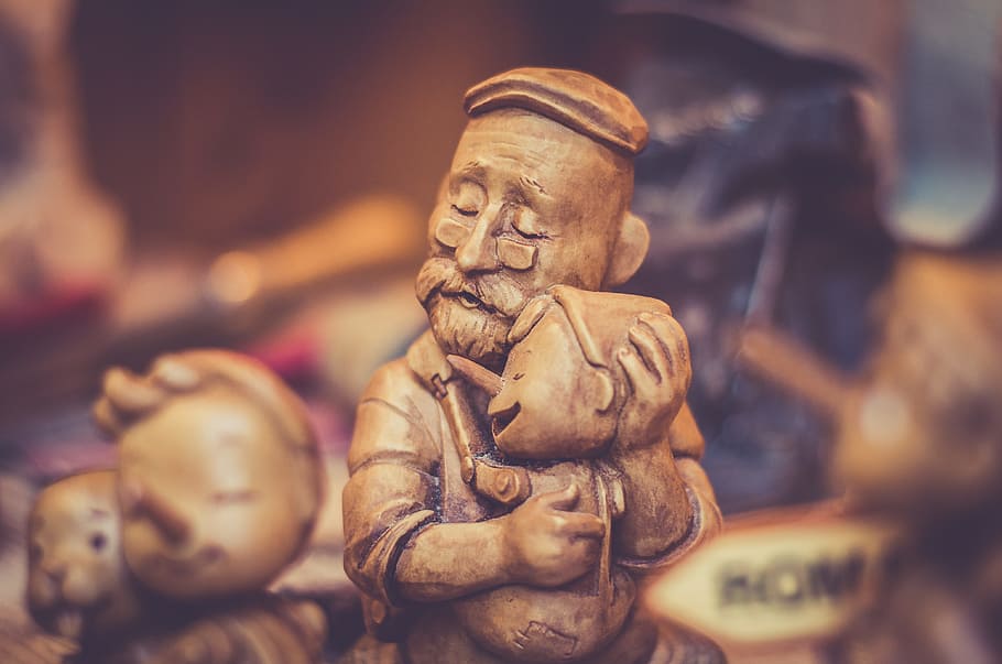 shallow, focus photography, pinocchio, carving, love, father, wood, child, parent, dad