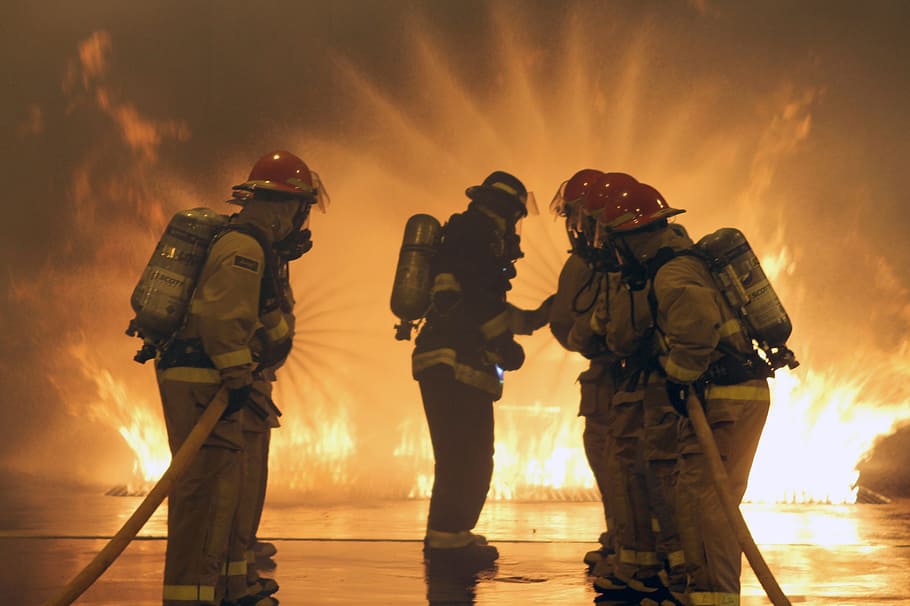 five, fire man, firefighters, fire, portrait, training, monitor, hot, heat, dangerous