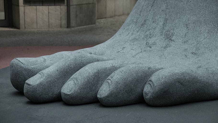 foot, toes, giant, sculpture, stone, concrete, gray, indoors, close-up, textile
