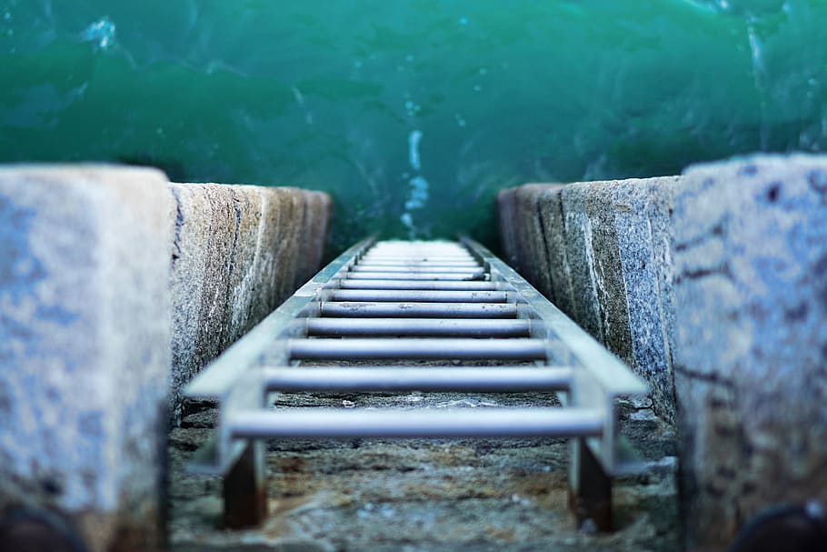 shot, ladder, leading, ocean water, Overhead, into the ocean, nature, coast, ocean, staircase