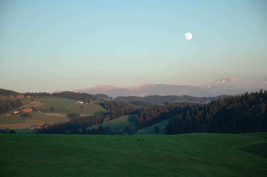 abendstimmung, luna llena, emmental, verde, estribaciones de los Alpes, cielo, paisajes - naturaleza, belleza en la naturaleza, luna, medio ambiente