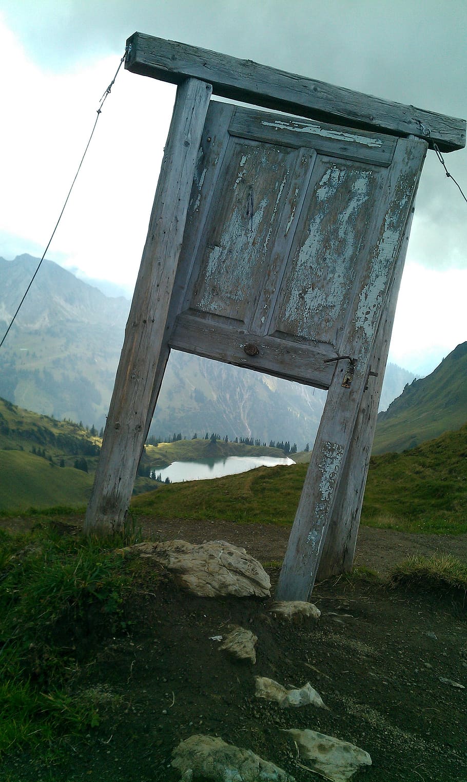 door, mountains, old, wood, landscape, door opening, sky, nature, held, ropes