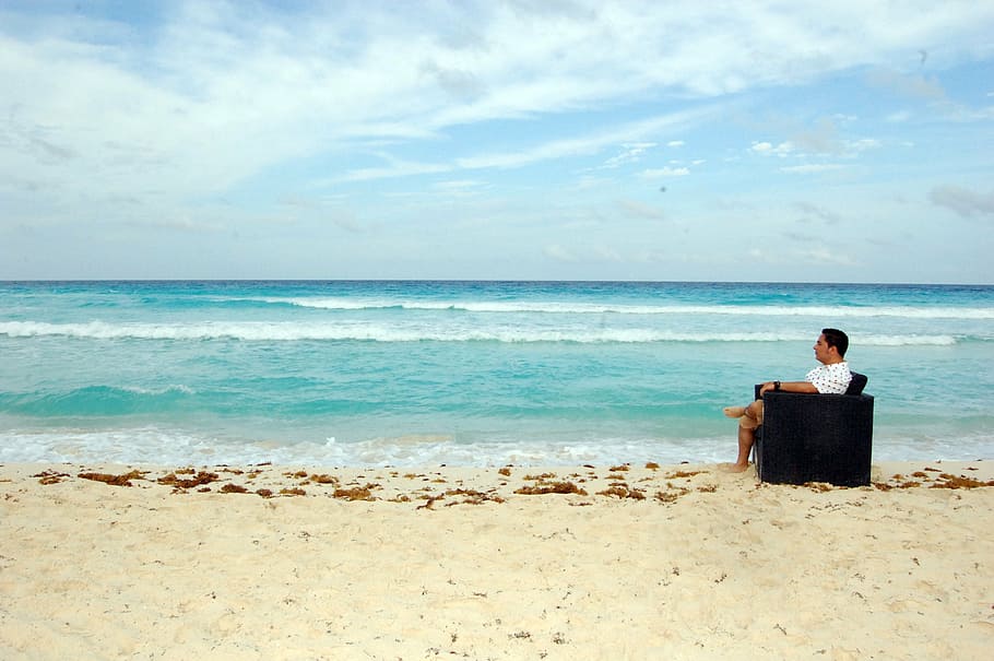 man, white, shirt, sitting, armchair, body, water, beach, sea, sky