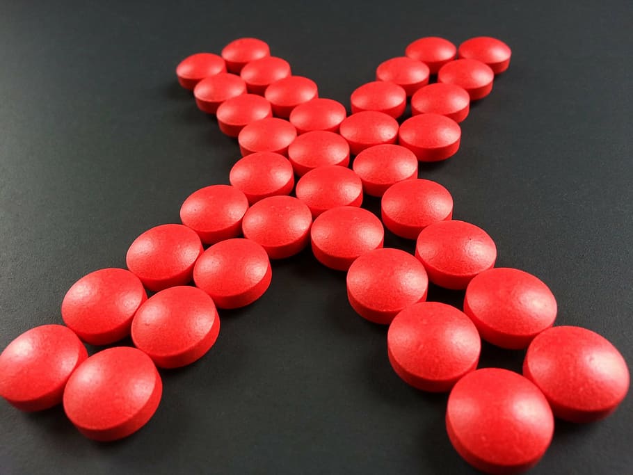 rodada, vermelho, pílula medicação, formando, x, pílula, pílulas, pellet, medicação, medicina