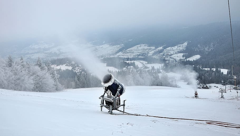 snow cannon, snow, extract, winter, cold, mountain, evening, stok, skis, weather