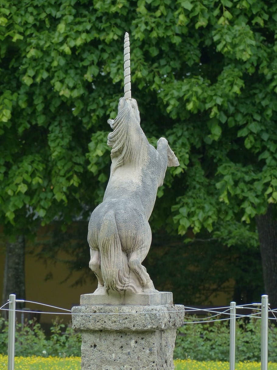 estátua de unicórnio, figura de pedra, figura, unicórnio, cavalo, ross, hellbrunn, salzburgo, áustria, arte e artesanato