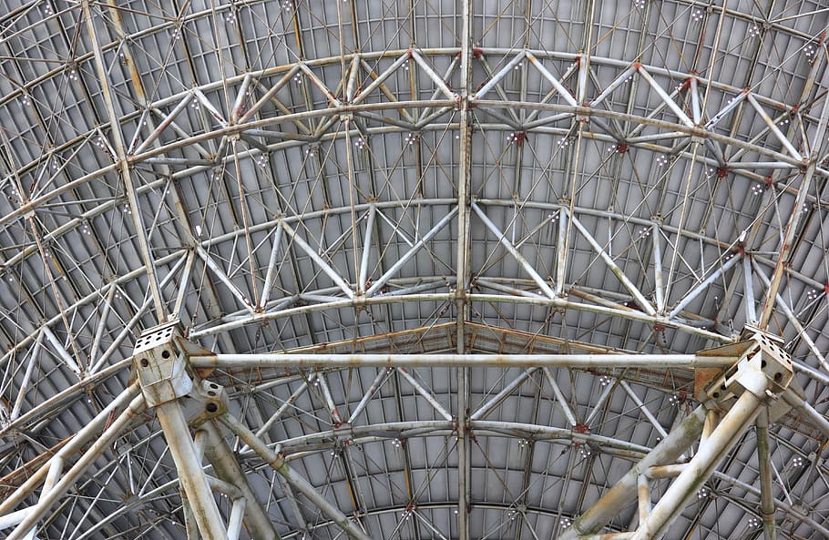 gray, steel stadium roof, latvia, irbene, radio, telescope, dish, 32m, antenna, receiver
