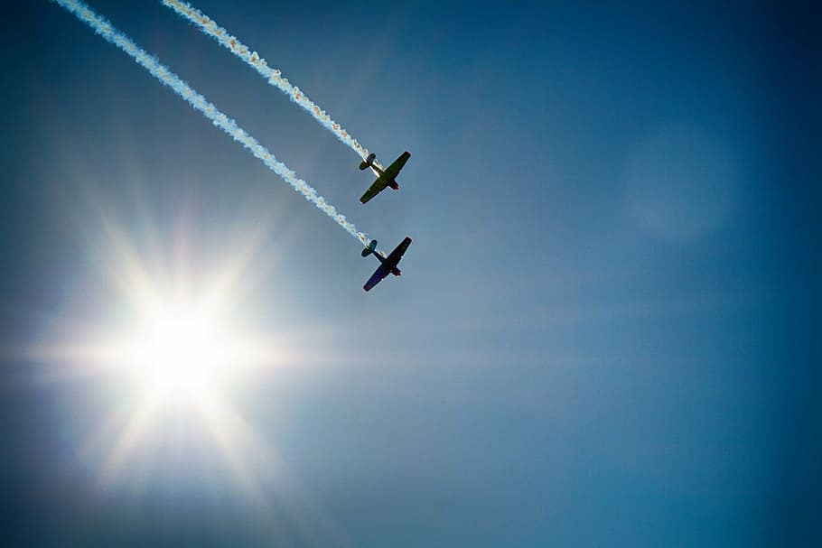 two, plane silhouette, flying, air, aircraft, flugshow, air show, fly, sky, air Vehicle