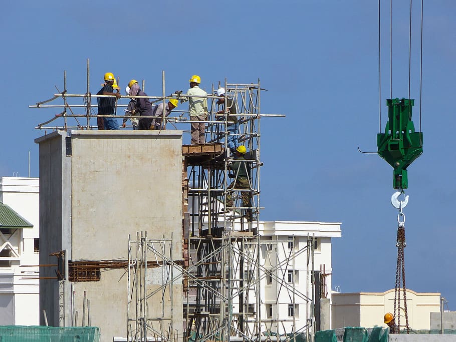 person, standing, scaffolding, construction, site, crane, building construction, helmet, architecture, blue