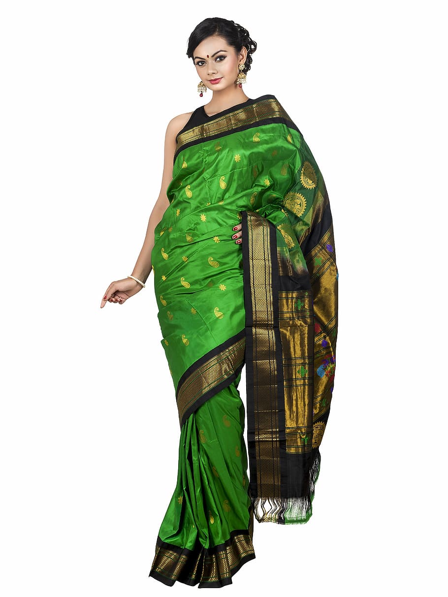 woman, wearing, green, black, dress, standing, wedding saree, collection, paithani saree, paithani silk