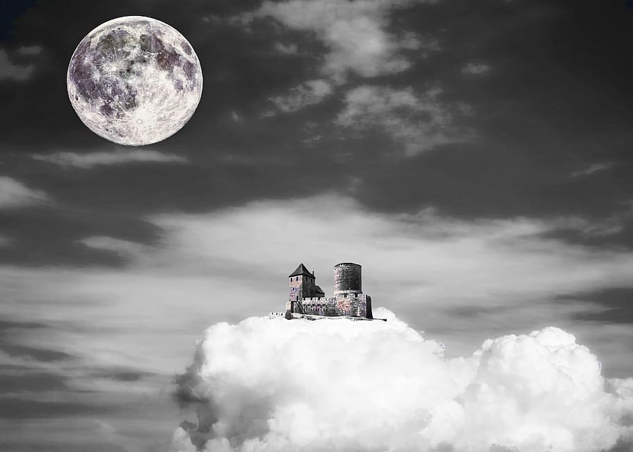 城, 雲, 月, 空, ファンタジー, 抽象, おとぎ話, 満月, 要塞, 旅行