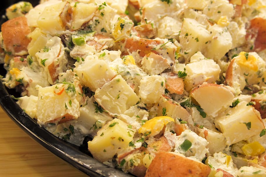 potato dish, black, plate, Potato, Salad, Food, Meal, Healthy, potato, salad, dinner