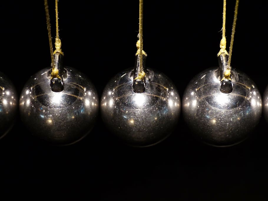 closeup, three, gray, baubles, spherical ball joint, pendulum, balls, metal, silver, shiny