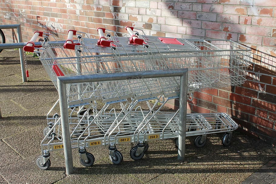 Shopping Cart, Trolley, shopping, day, supermarket, outdoors, city, brick wall, brick, wall