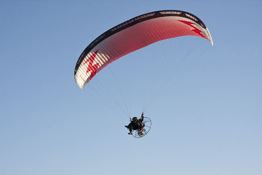 Sky, Hang Glider, Flying, from the bottom of the, view, mid-air, parachute, full length, day, outdoors