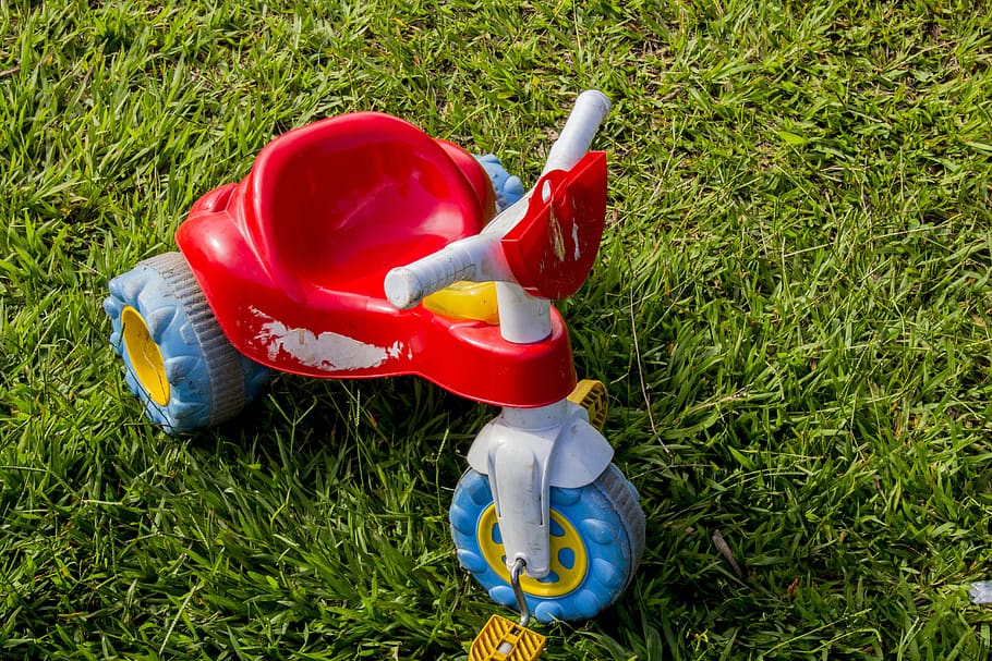 lawn, summer, field, outdoors, toy, plastic, equipment, tricycle, colorful, velotrol