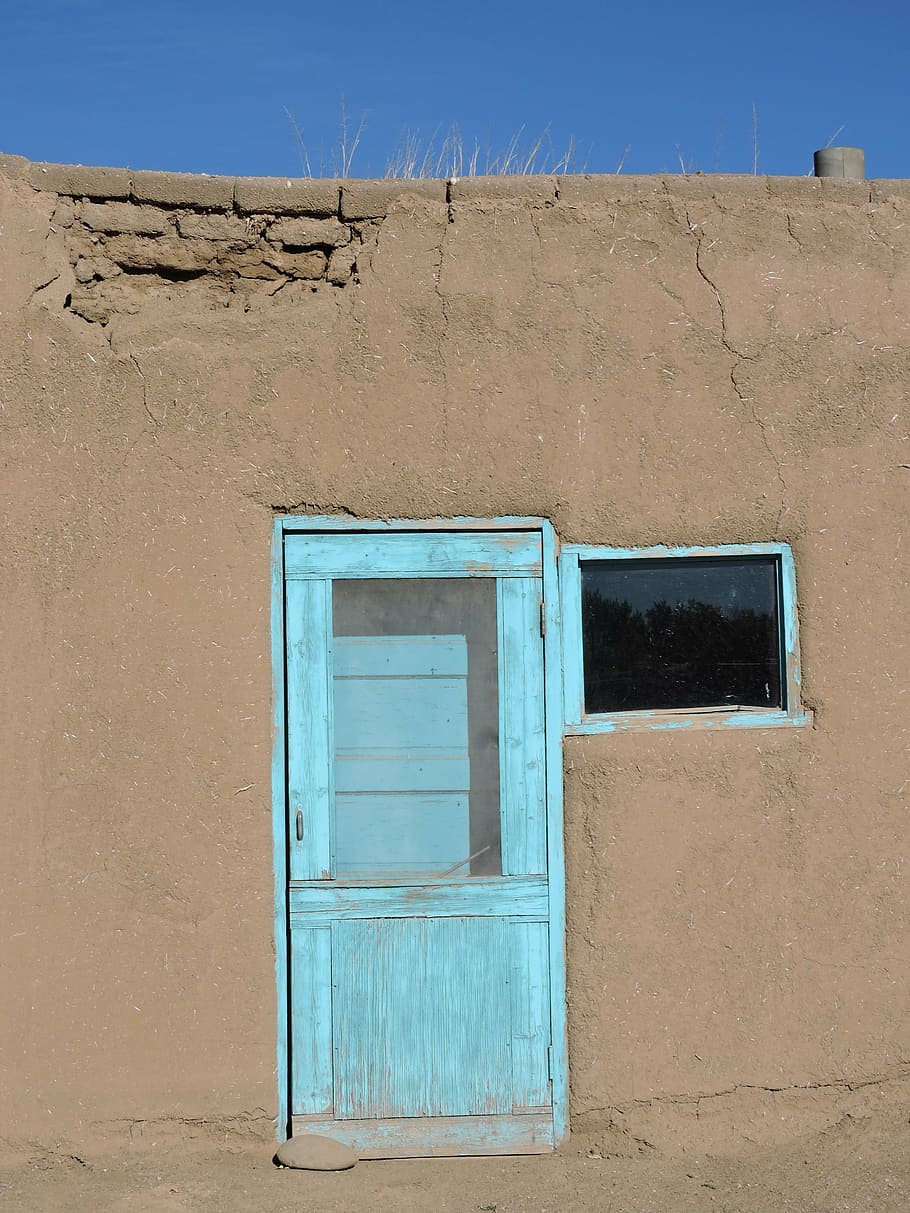 дверь, синий, юго-запад, пуэбло, родной, таос, индийский, деревня, здание, история