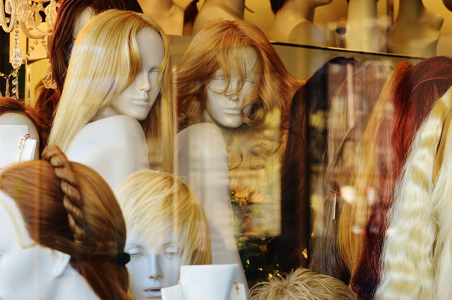 window, mannequins, hairstyles, wig, hair, blond, store, retail, human representation, representation